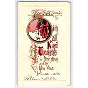 Vintage Christmas Postcard With All Kind Thoughts Winter Scene